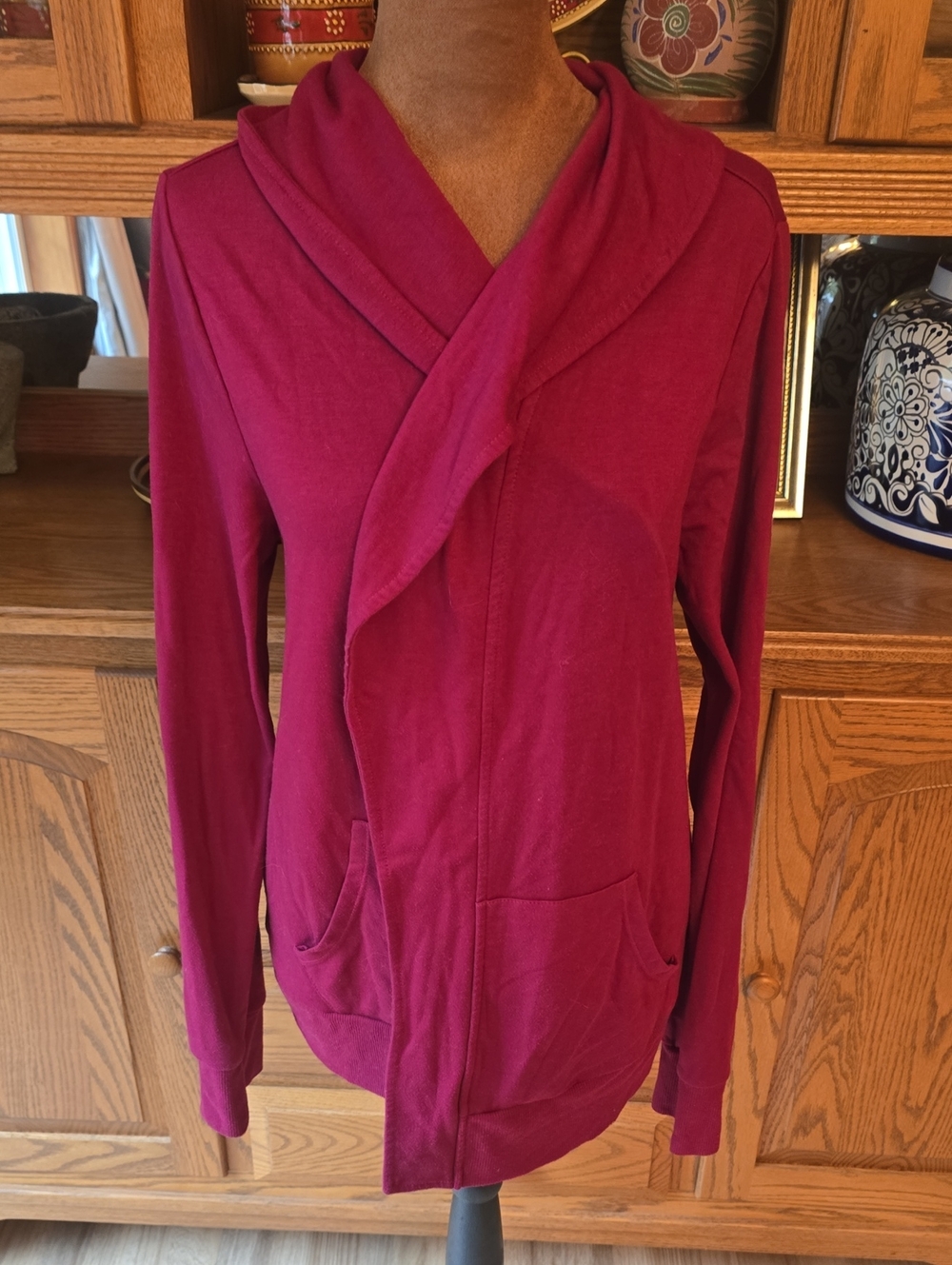 Draped Open-Front Cardigan Sweater in Raspberry